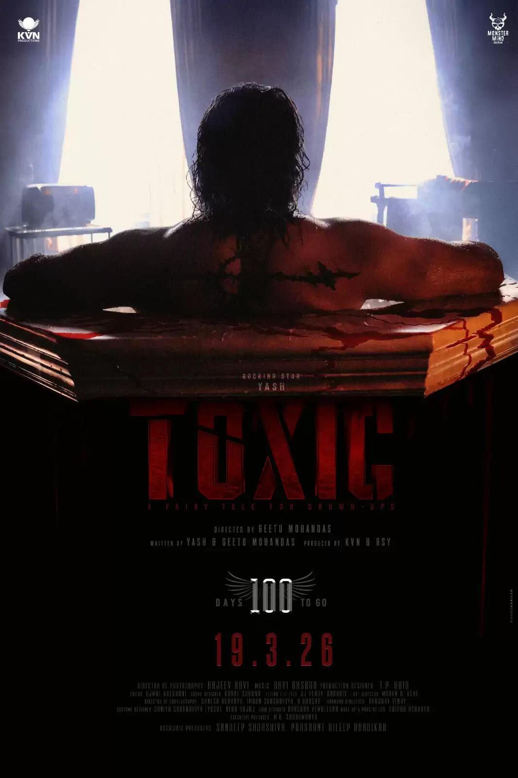  Yash in a bloody bathtub from the new Toxic movie poster