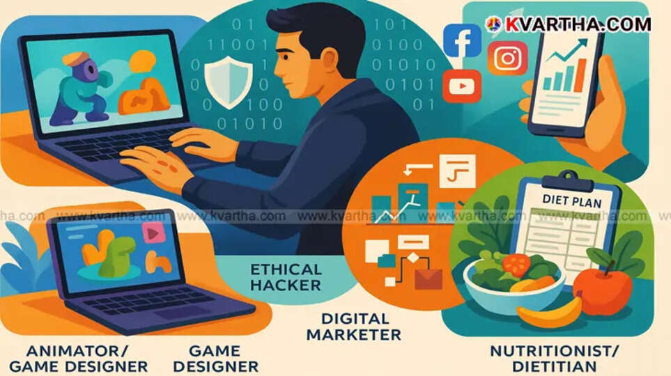 Hand holding a magnifying glass over various career icons, symbolizing future job exploration.