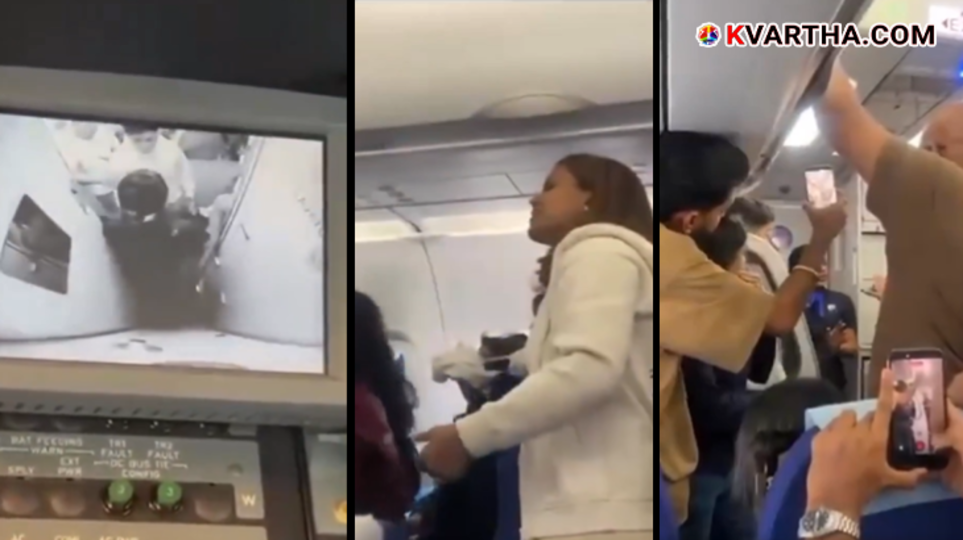  Passengers arguing and standing inside an IndiGo flight, looking frustrated.
