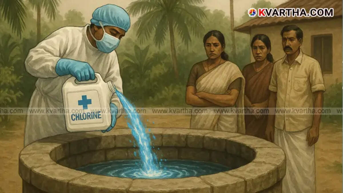A health worker in Kerala cleaning a well as part of the Amebic Meningoencephalitis campaign.