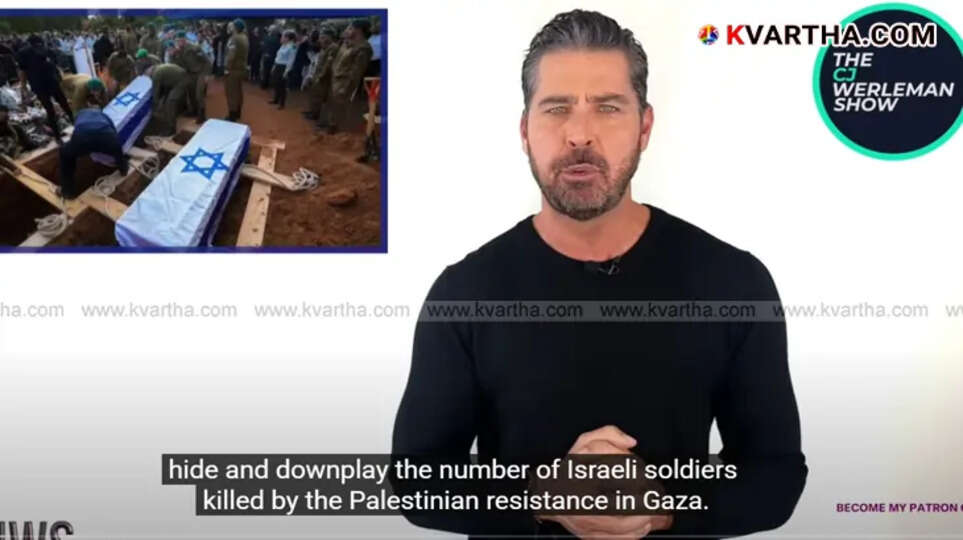 A YouTube video still of a man, with a smaller image in the corner showing caskets covered with Israeli flags being buried.