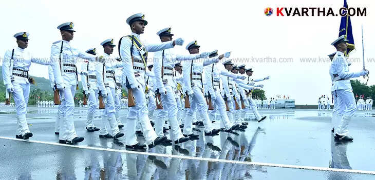 Cadets marching in a passing out parade at Ezhimala Naval Academy.