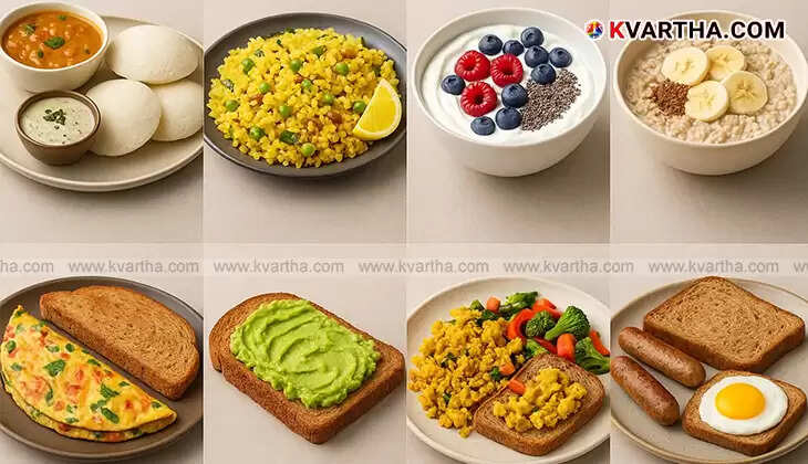 A variety of healthy breakfast foods, including idli, sambar, oats, and fruits, arranged neatly on a table.