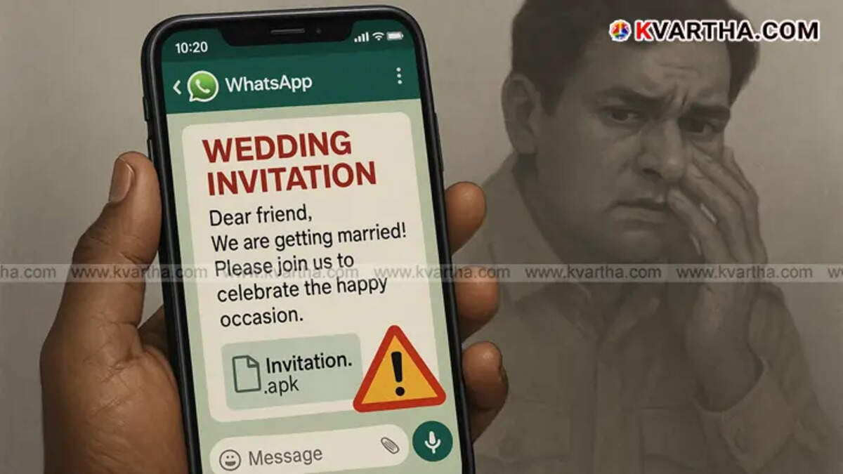 A phone screen showing a WhatsApp wedding invitation and a warning symbol, representing the cyber scam.