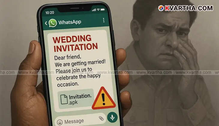 A phone screen showing a WhatsApp wedding invitation and a warning symbol, representing the cyber scam.