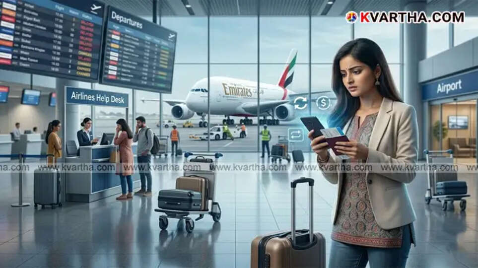 An Emirates airplane at Dubai International Airport with travelers checking flight status on mobile, March 2026.