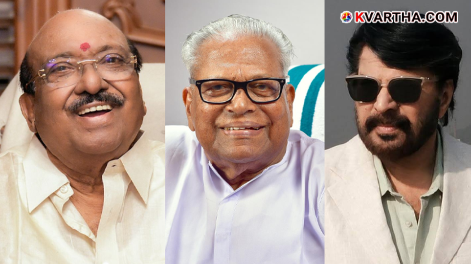 Collage of VS Achuthanandan, Mammootty, and Vellappally Natesan.