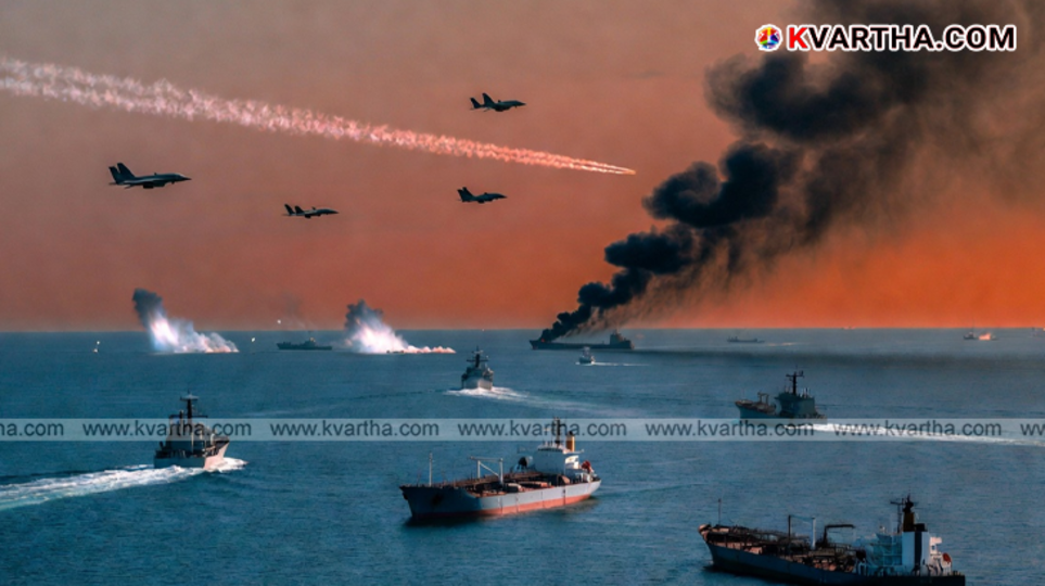 US and allied naval ships moving towards the Strait of Hormuz in the Persian Gulf.