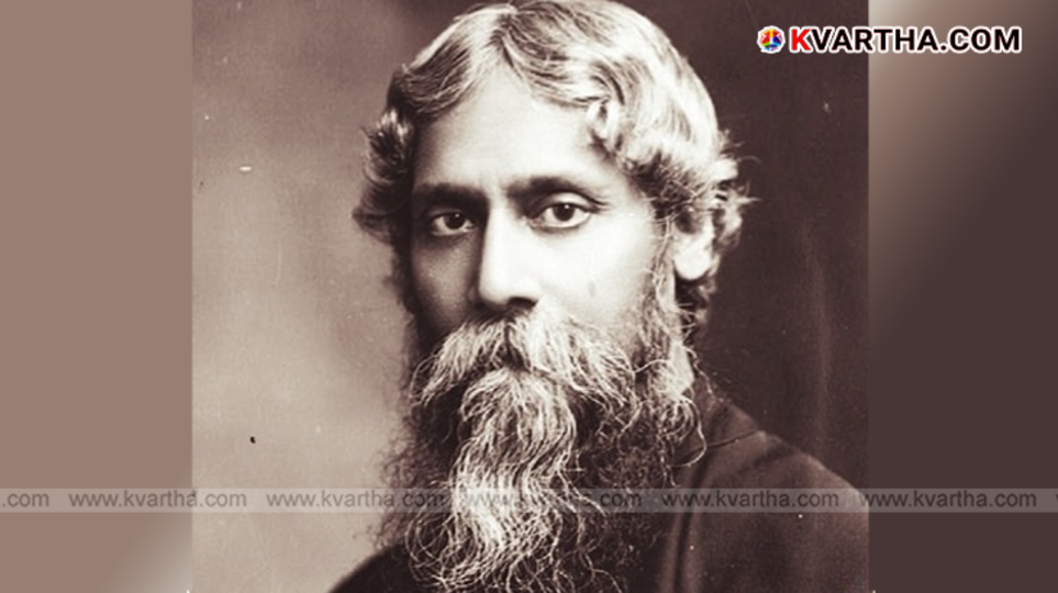 A black and white photo of Rabindranath Tagore.