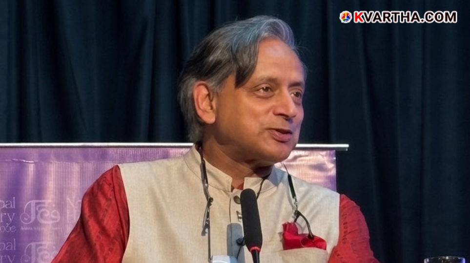 MP Shashi Tharoor delivering a speech about Kerala's communal harmony.