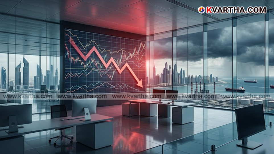 A symbolic image depicting the collapse of the Gulf stock market and the Saudi Aramco logo.