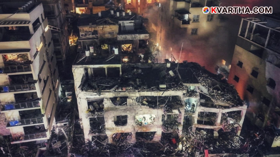 A multi-story building in Tel Aviv with significant structural damage from an explosion.