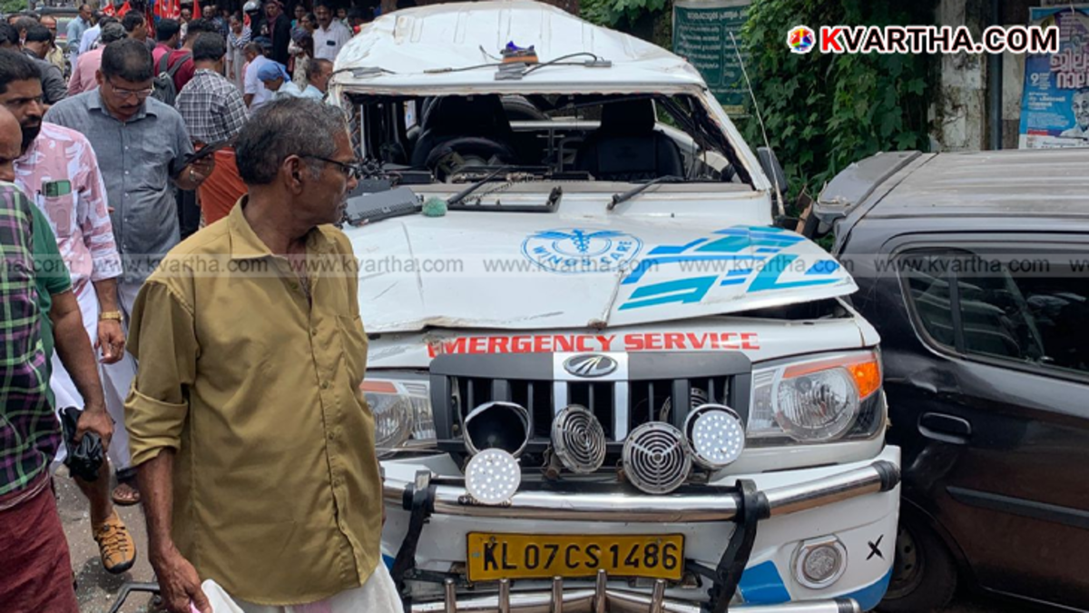 Overturned ambulance in Peralassery, Kannur after an accident.