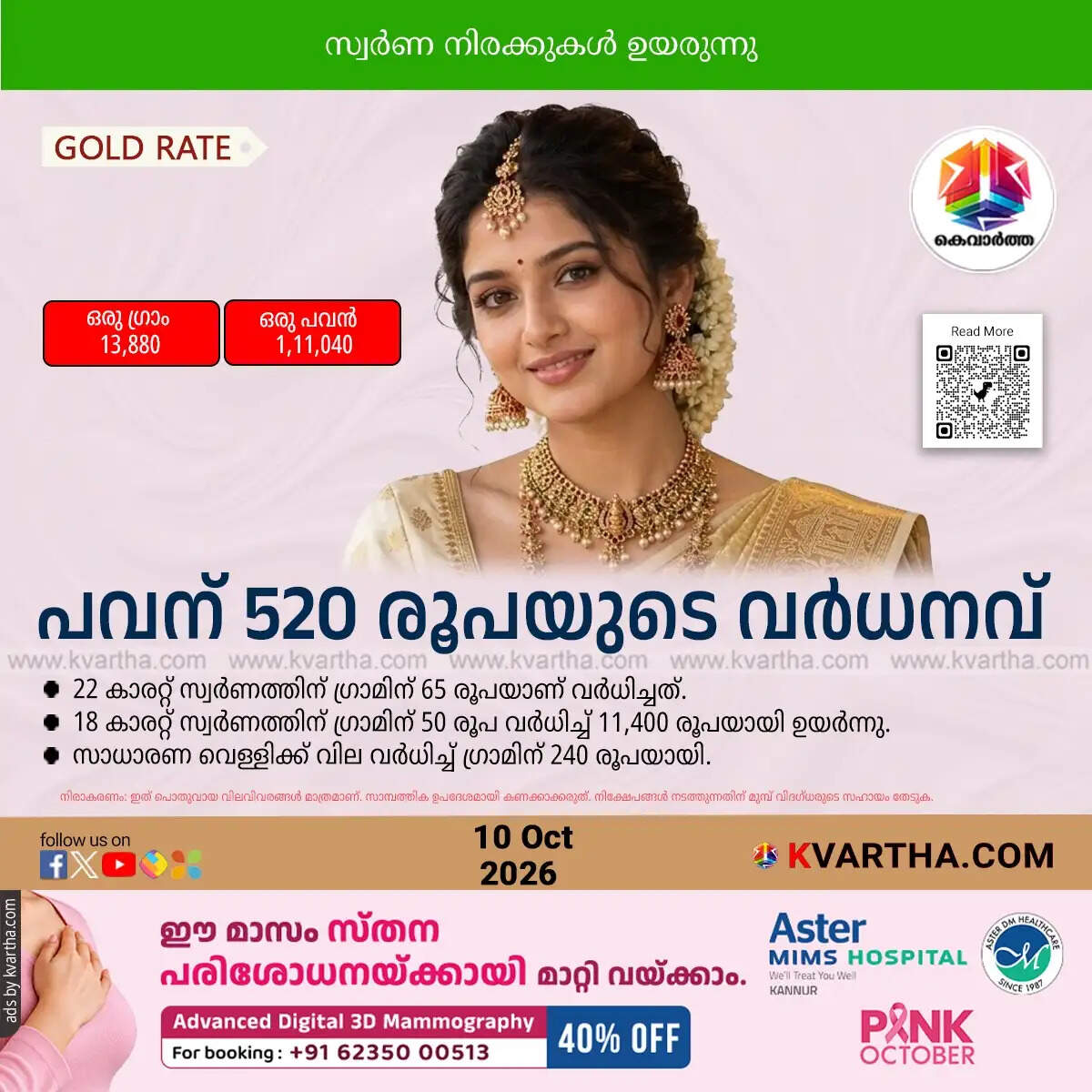 kerala gold price hike sovereign 111040 october 2026