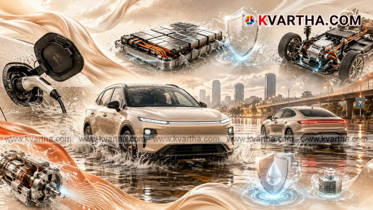 Representational image of an electric vehicle navigating safely through a flooded city road