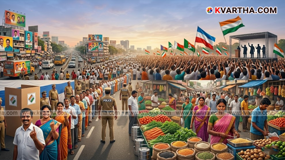 A symbolic visual representing the main issues and political parties in the Tamil Nadu assembly elections.