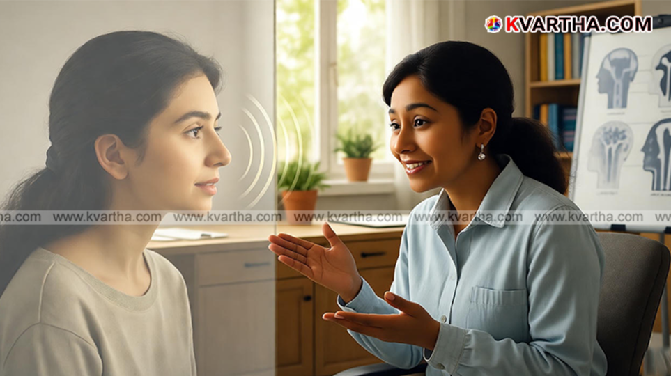 Speech therapist helping a person with stammering