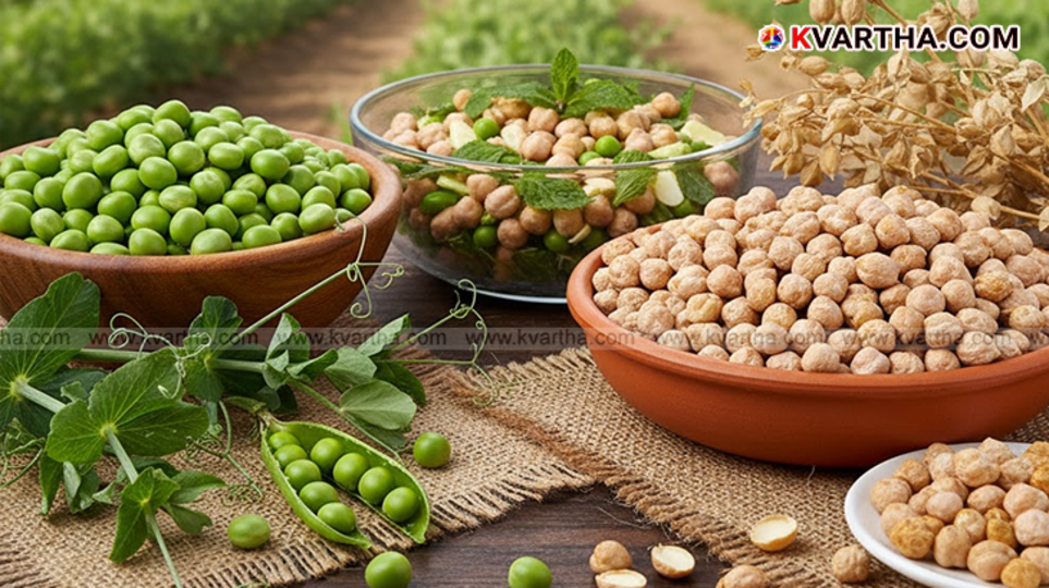 Bowl of green peas next to a bowl of chickpeas