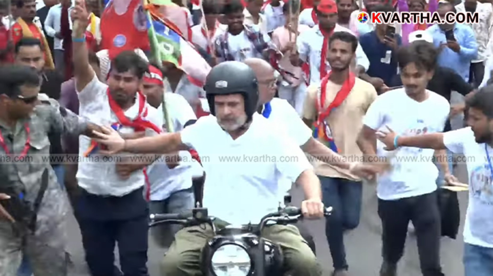 A crowd surrounds Rahul Gandhi during his bike rally in Bihar, depicting a security lapse.