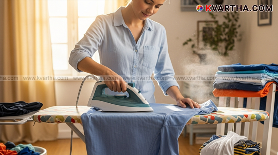 Close-up of a person ironing a shirt