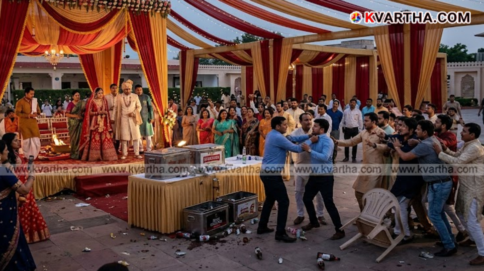 Injured people and damaged items at a wedding venue in Gwalior.