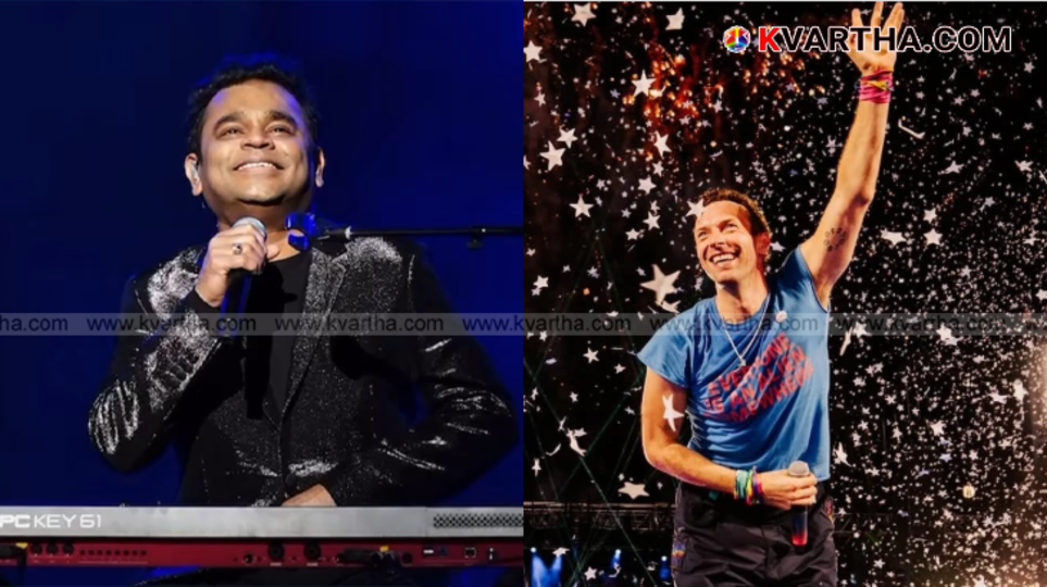 AR Rahman and Chris Martin on stage during a concert.