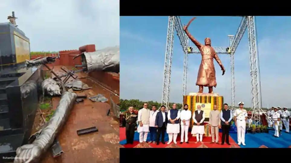 A collapsed statue of Chhatrapati Shivaji Maharaj