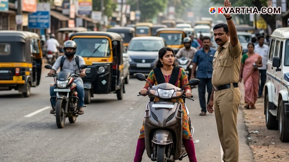 Kerala Police officers checking helmets of two-wheeler riders during the 'Helmet On - Safe Ride' drive in 2026.