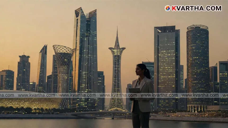 A panoramic view of the modern Doha skyline with skyscrapers.