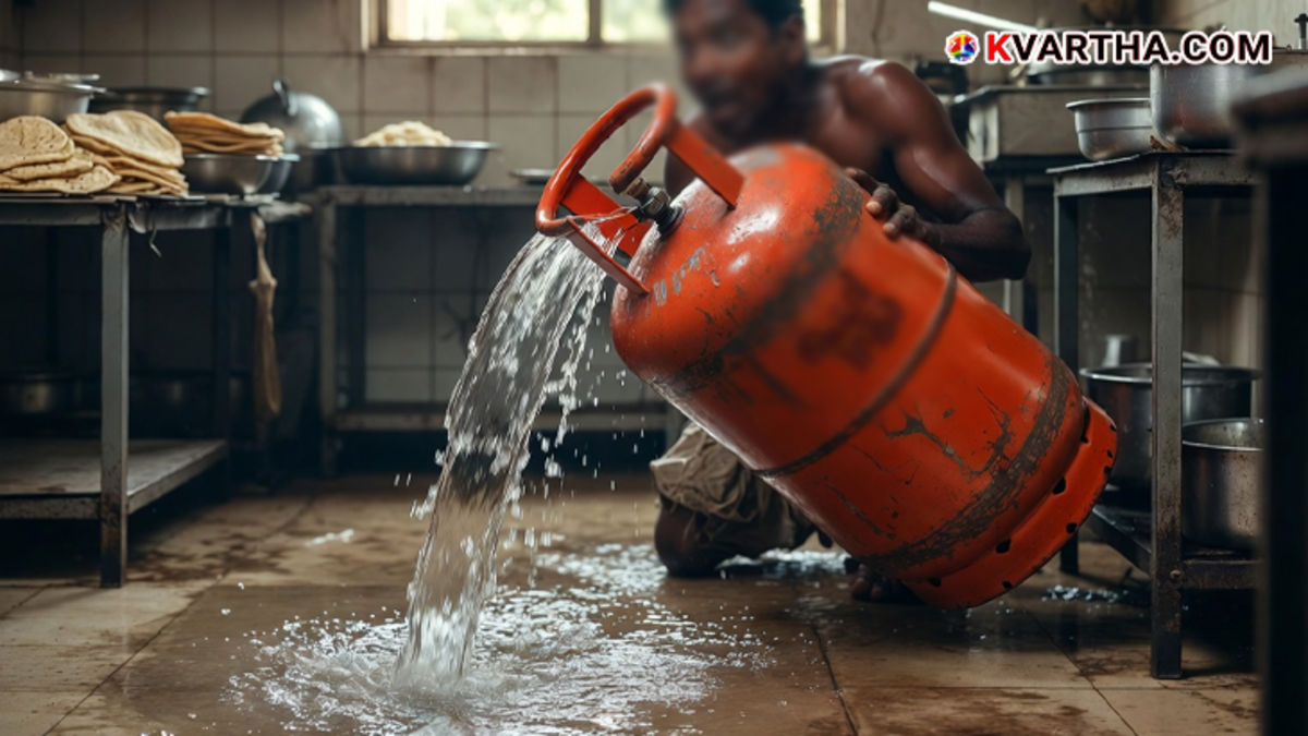 A person pointing at water coming out of a commercial gas cylinder valve