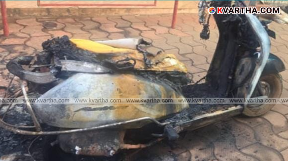 A burnt scooter remains at a market site representing the fire accident in Pilathara, April 2026.
