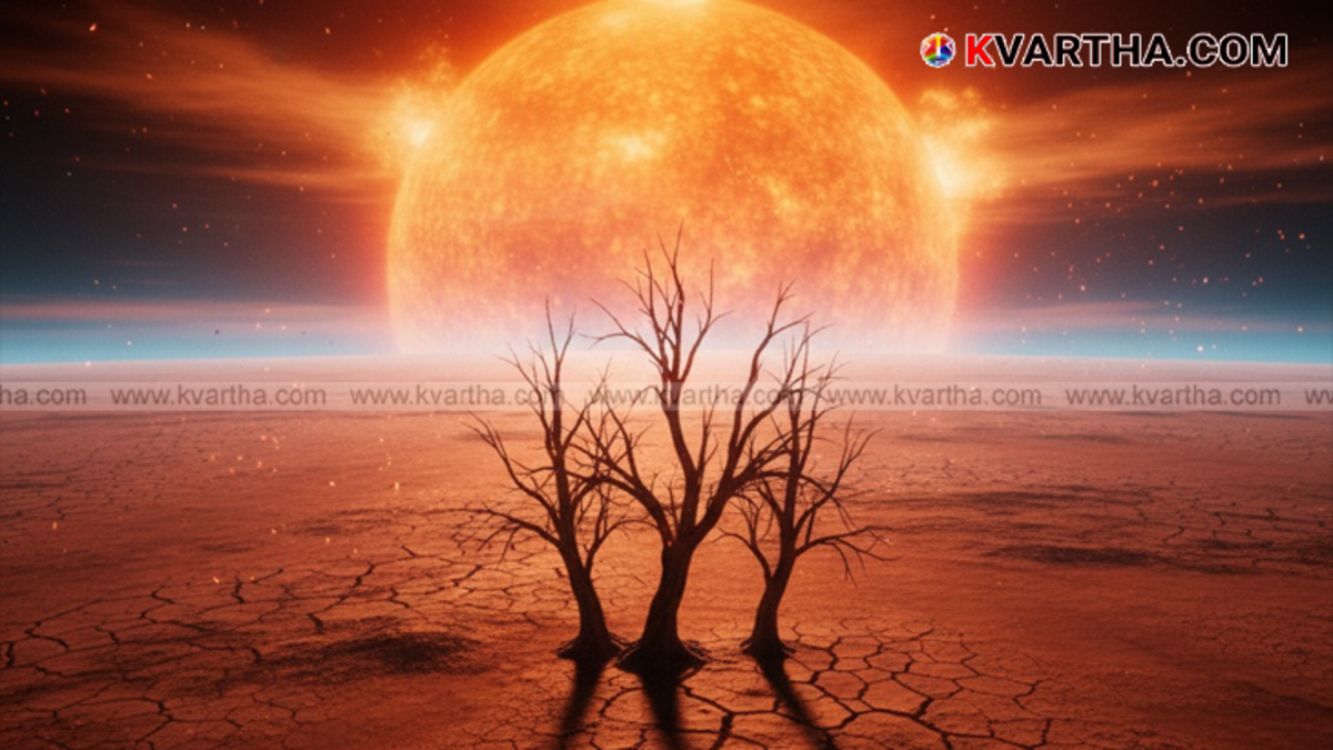 An artistic depiction of a dying Earth with a thin, reddish atmosphere.