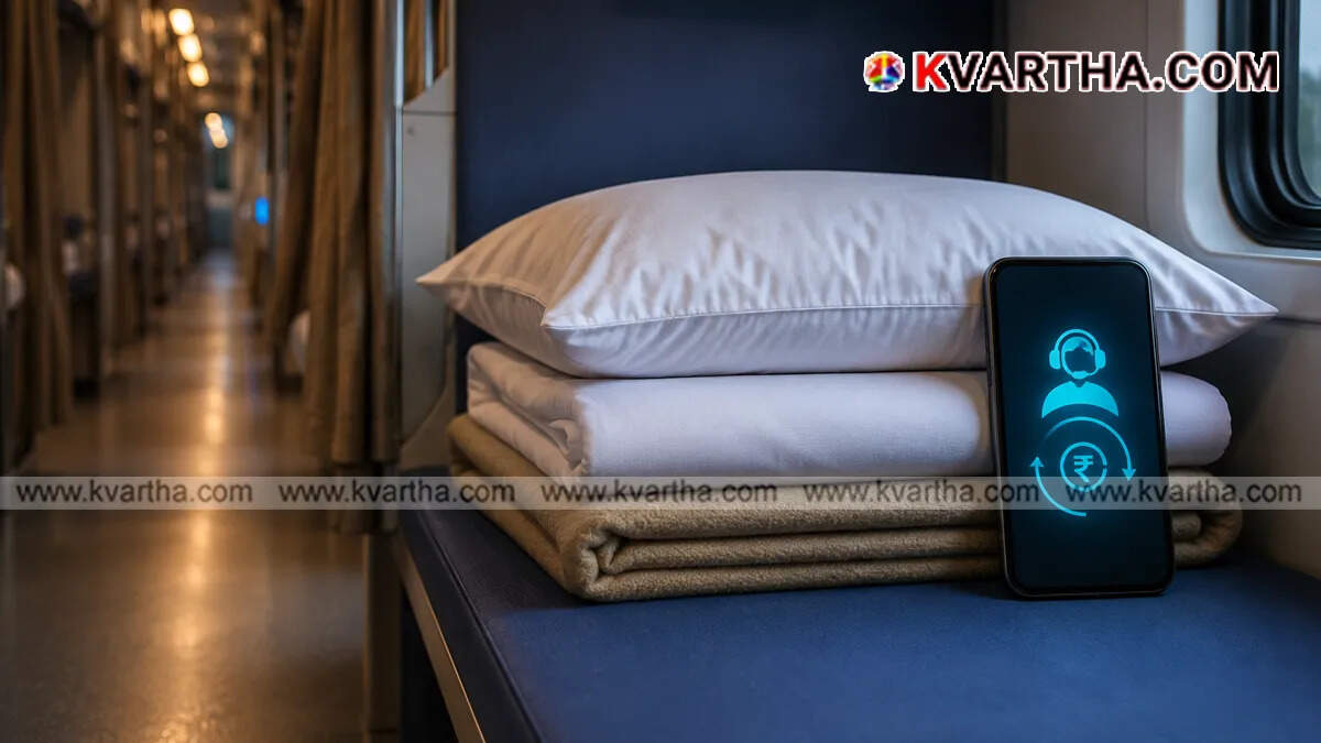Conceptual image showing bedrolls in an Indian Railways AC coach
