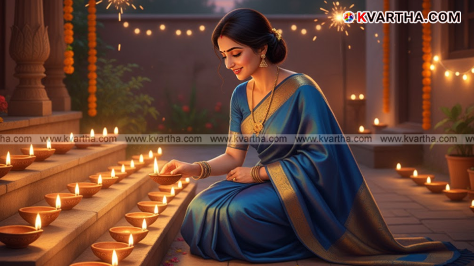 Row of lit earthen diyas for Deepavali