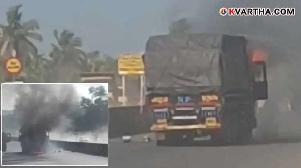 Burnt lorry on Chala bypass road in Kannur after fire accident.