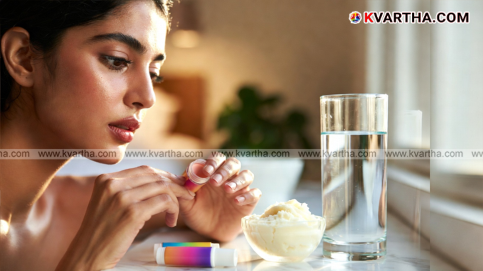 A person applying lip balm to dry cracked lips