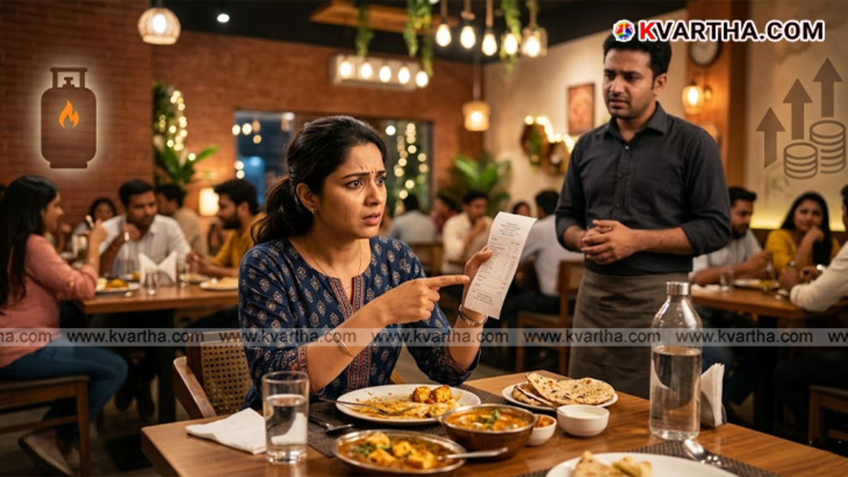 A hand holding a restaurant bill showing illegal LPG surcharge markings in 2026.