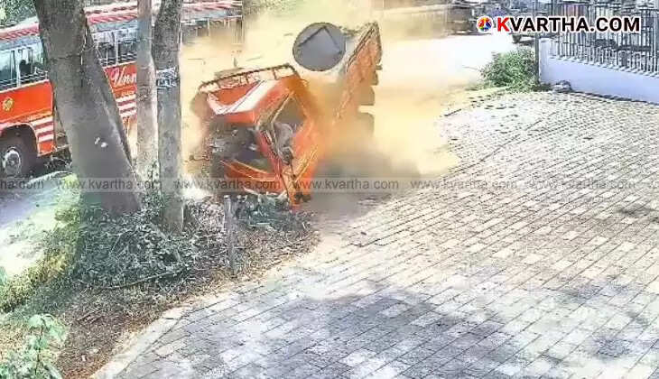 Front of a severely damaged brick lorry after an accident in Kannur.
