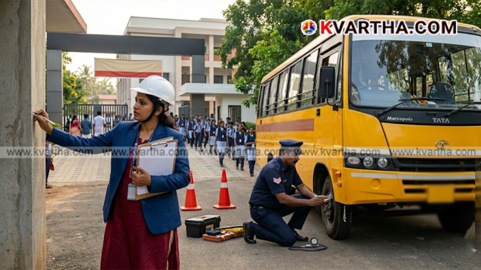 An engineer inspecting a school building structure to issue a fitness certificate in Kerala.