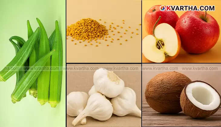 A selection of heart-healthy foods including fenugreek, okra, apples, garlic, and coconut, promoting a balanced diet.