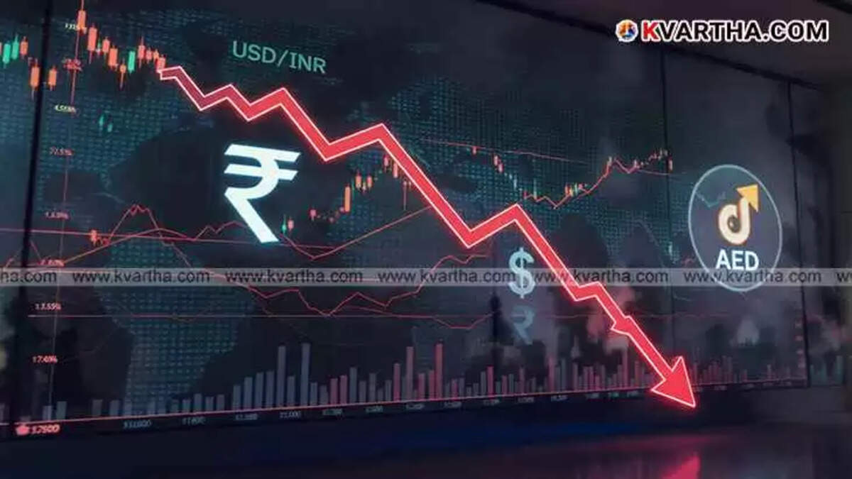 Indian rupee symbol against US dollar currency showing falling value.