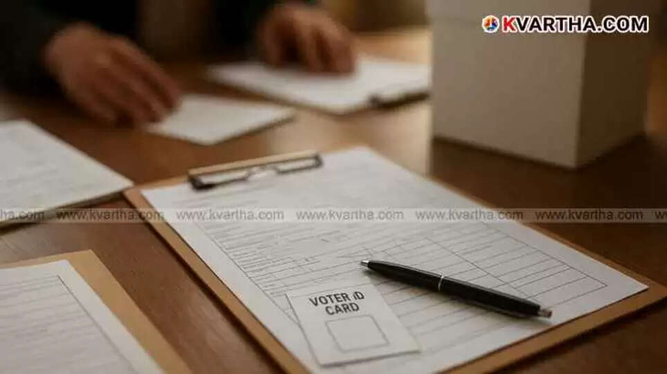 A voter registration form and ID card placed on a table during Kerala local body election enrollment.