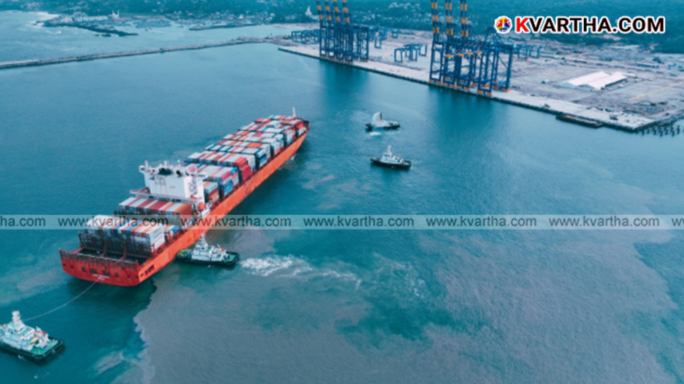 Tugboat pulling a large container ship near a port