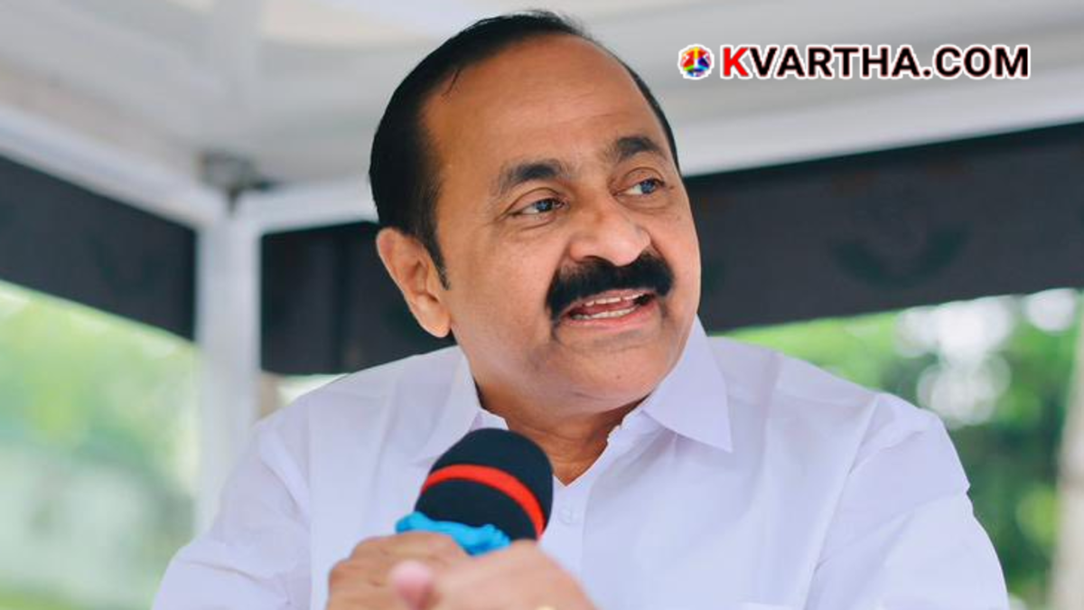 Chief Minister-designate V.D. Satheesan addressing media personnel with a calm expression during a press meet in Thiruvananthapuram.