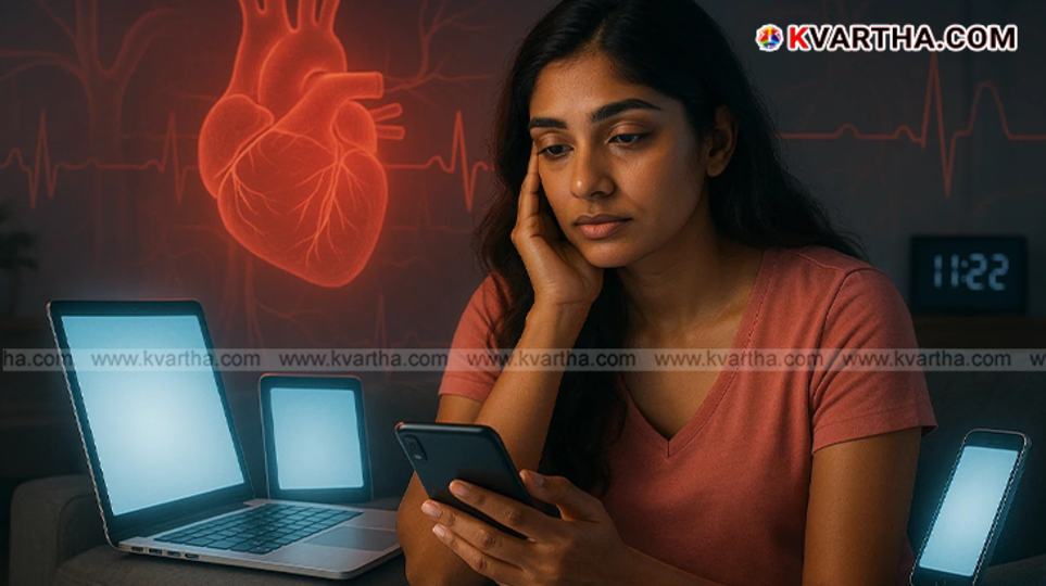 A person looking at a smartphone with a graphic indicating heart risk.