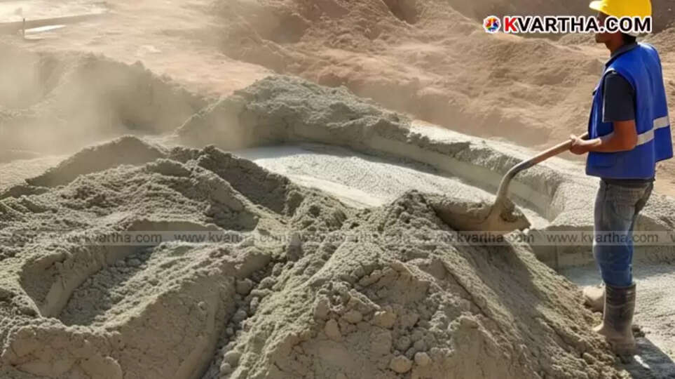 Stack of cement bags with a downward arrow symbolizing price reduction.