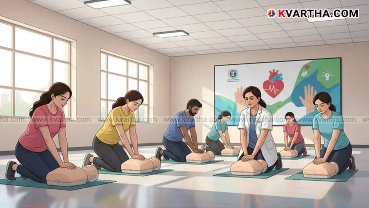 A group of people practicing CPR on a mannequin during a training session.