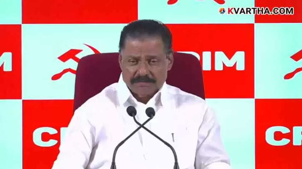 CPIM State Secretary MV Govindan speaking at a press conference.