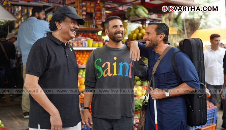 Director Priyadarshan with actors Saif Ali Khan and Akshay Kumar on the set of 'Haiwan'.
