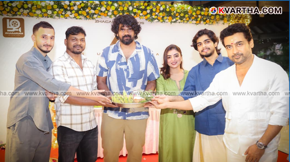 Suriya, Nazriya Nazim, and Jithu Madhavan at the Suriya 47 pooja ceremony.
